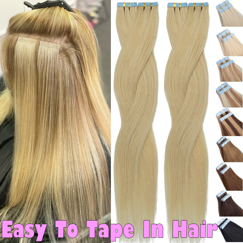 60PCS Tape In Real Remy Human Hair Extensions Skin Weft Thick Full Head Brunette