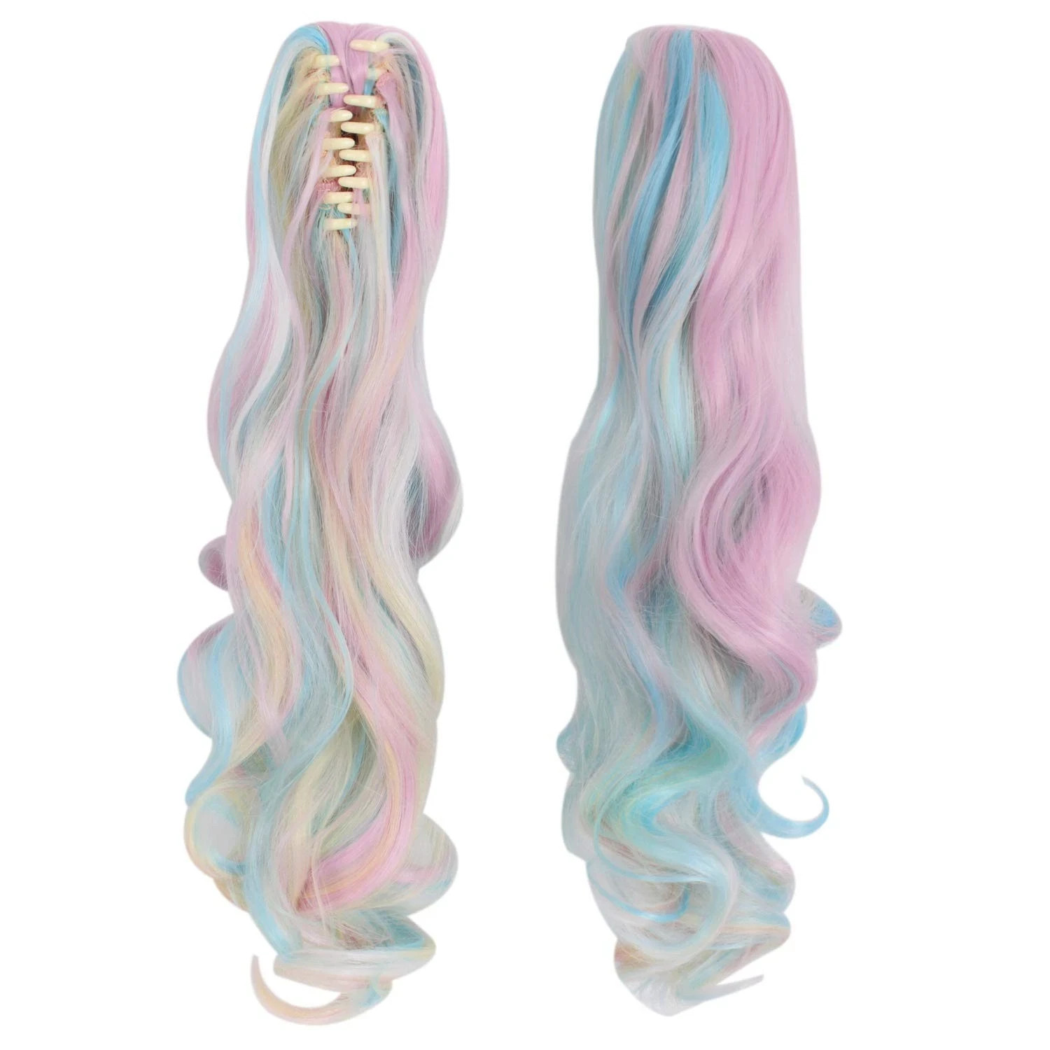 Multi-color Lolita Long Curly Clip on Ponytails Pink/Blue/Blonde