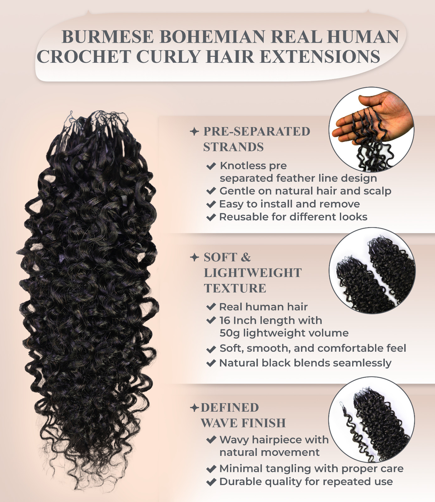 Human Hair Crochet for Black Women Burmese Bohemian Curly Hair Extension 50g 18″