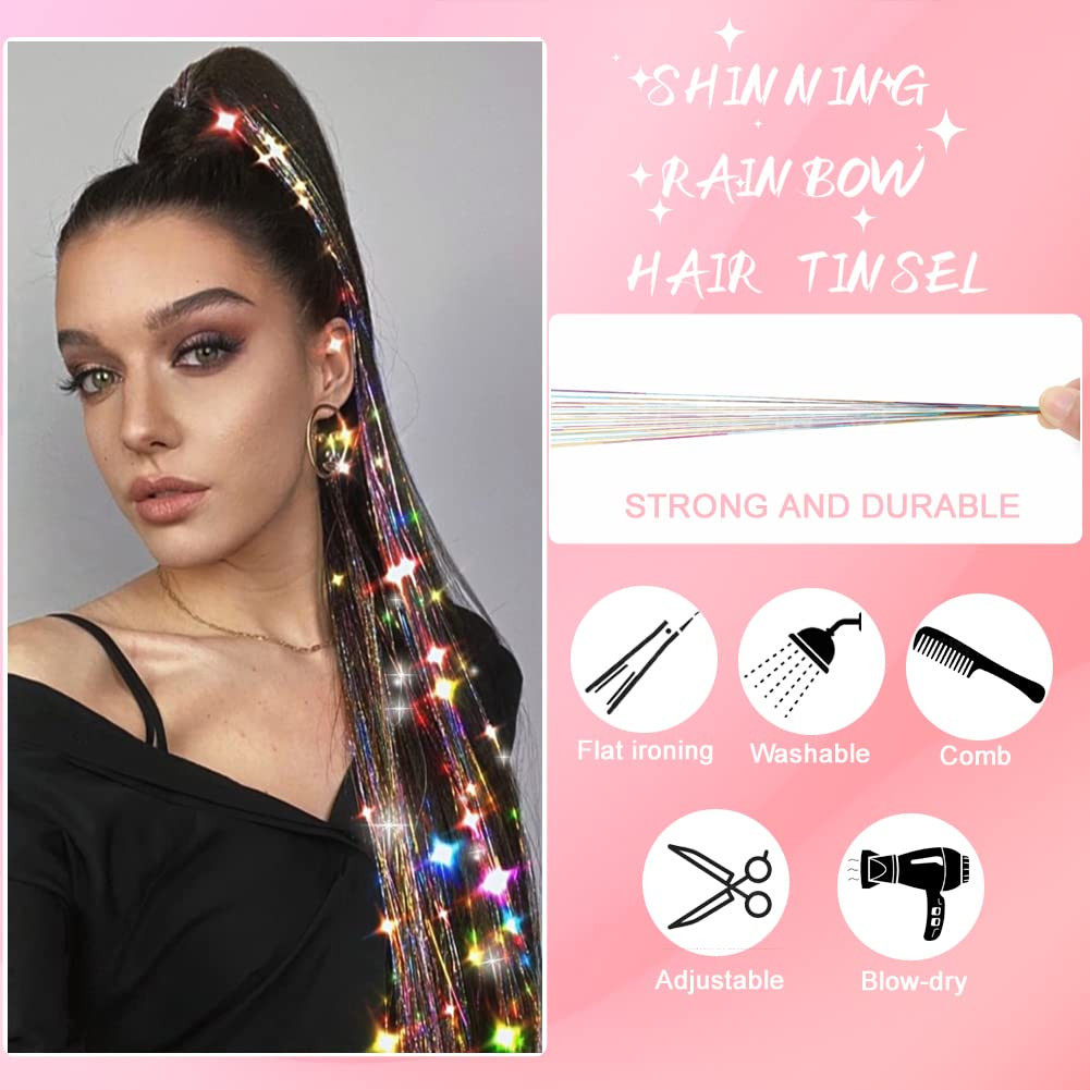 Hair Tinsel, (48 Inch 5Pcs 1200 Strands) Colorful Glitter Tinsel Hair Extensions