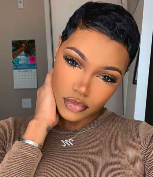 100% Human Hair Straight Short Pixie Cut Black Wig Machine Made Daily New