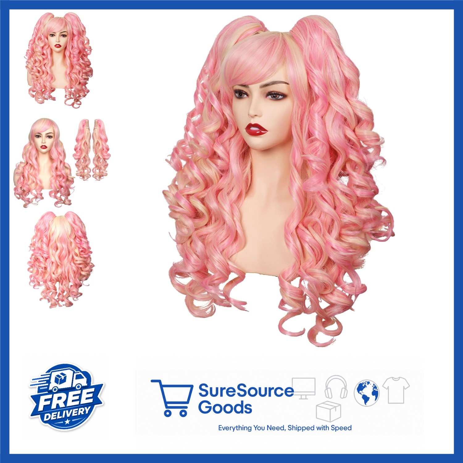 Curly Cosplay Wig for Women Blonde/Pink with Adjustable Cap and 2 Ponytails