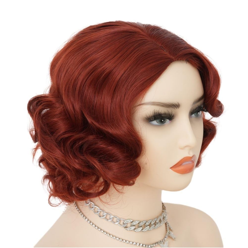 Short Red 1920s Style Synthetic Finger Wave Natural Looking Women’s Wig