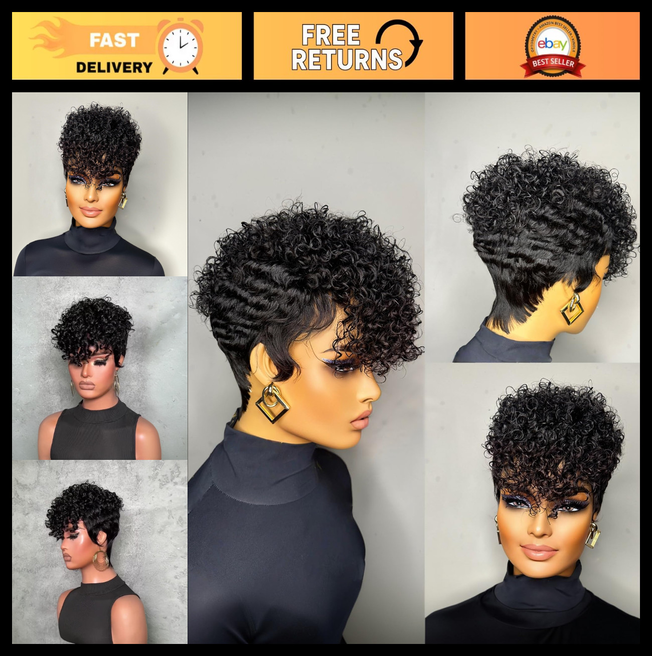 Short Layered Pixie Cut Human Hair Wig for Women – Curly Bangs, Glueless, Natura