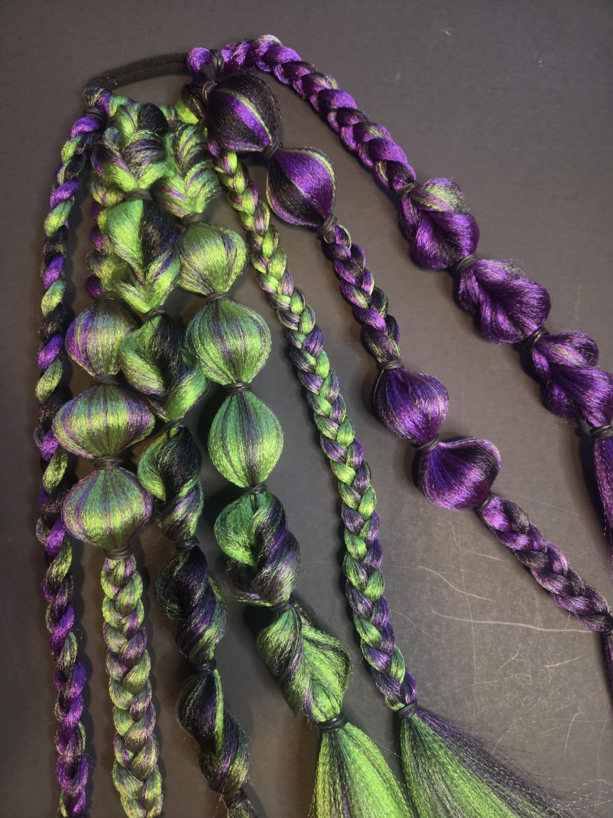 Green, Purple, Black with charms ** reusable tie in braided ponytail extensions