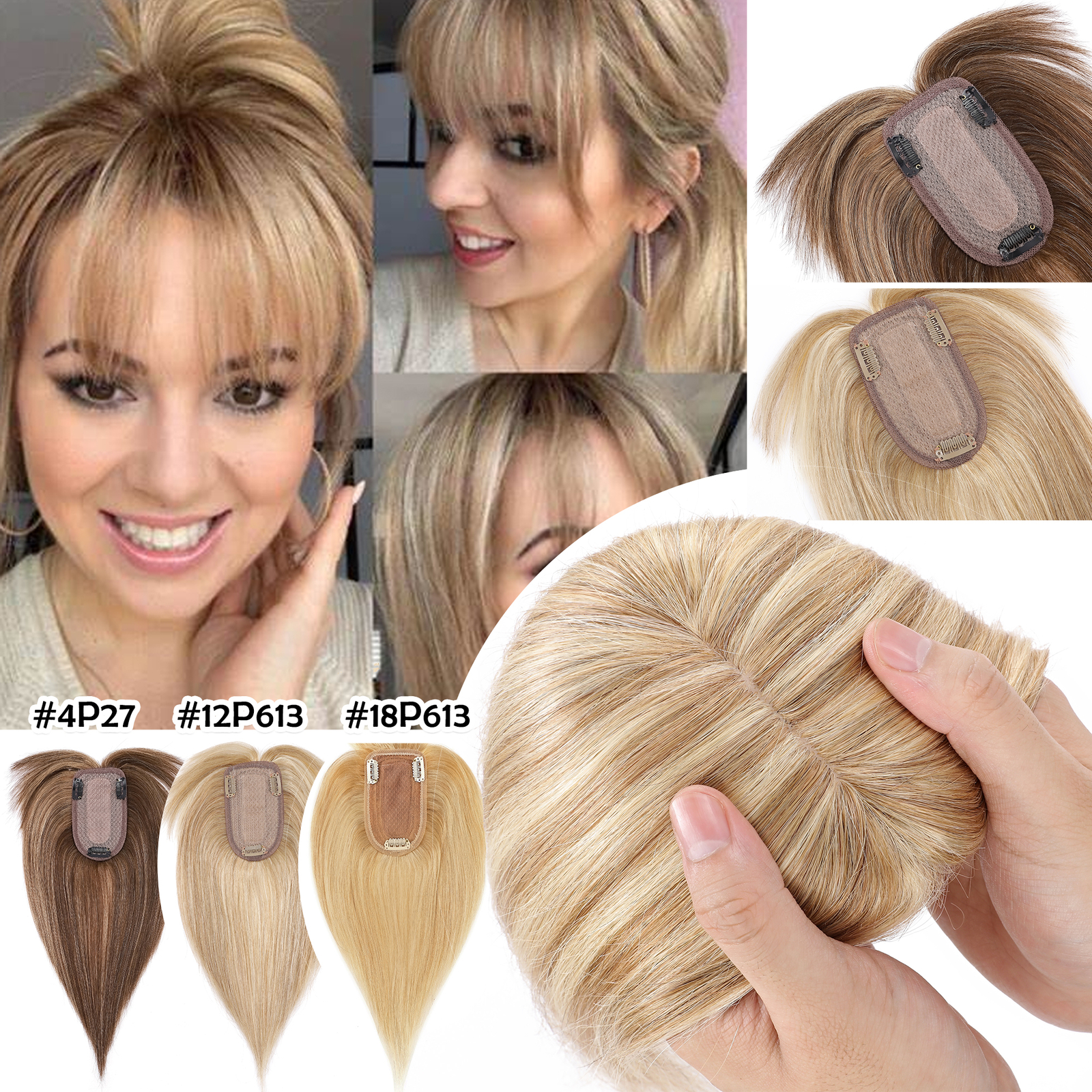 150% Remy Human Hair Toupee Topper Hairpiece Top Wig With Bangs For Loss Hair US