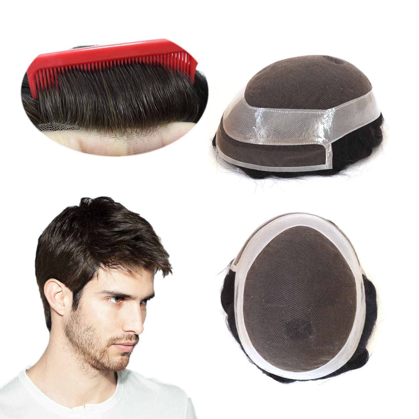 Mens Toupee Human Hair Replacement System French Lace Front Hairpieces 8X10 #2