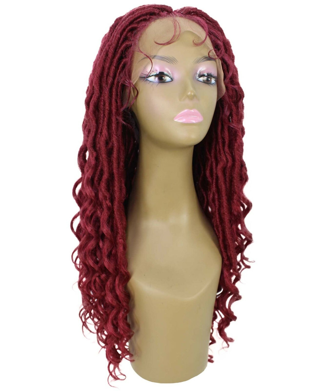 LUXLUXE Andrea 4×4 Curly Long 4X4 Hand Tied Lace Braid Burgundy Wig