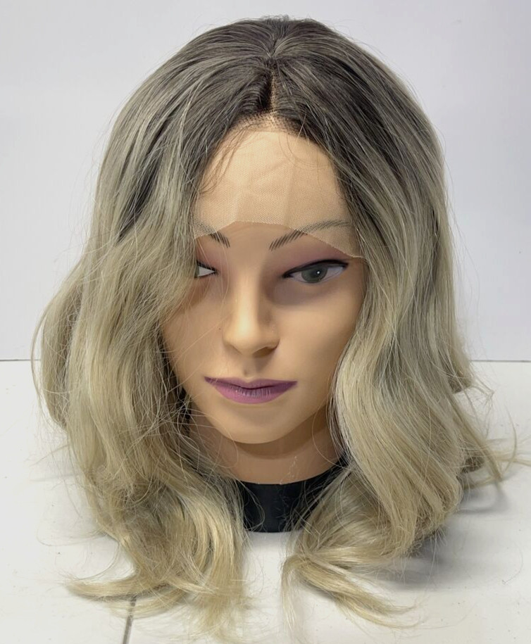 WOMEN’S LACE FRONT ROOTED MIXED OMBRE BLONDE SHORT WAVY Wig