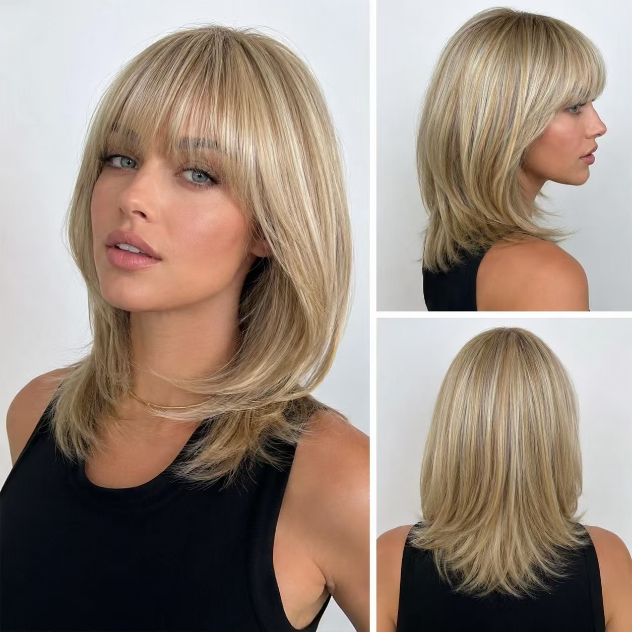 Highlight Blonde Layered Bob Wig with Bangs, Heat Resistant Synthetic Full Wig