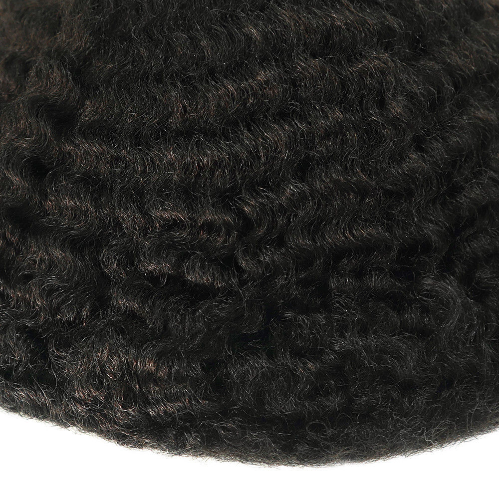 Afro Curl Poly Skin Toupee Mens Human Hair System Curly Hair Pieces 12mm #1B