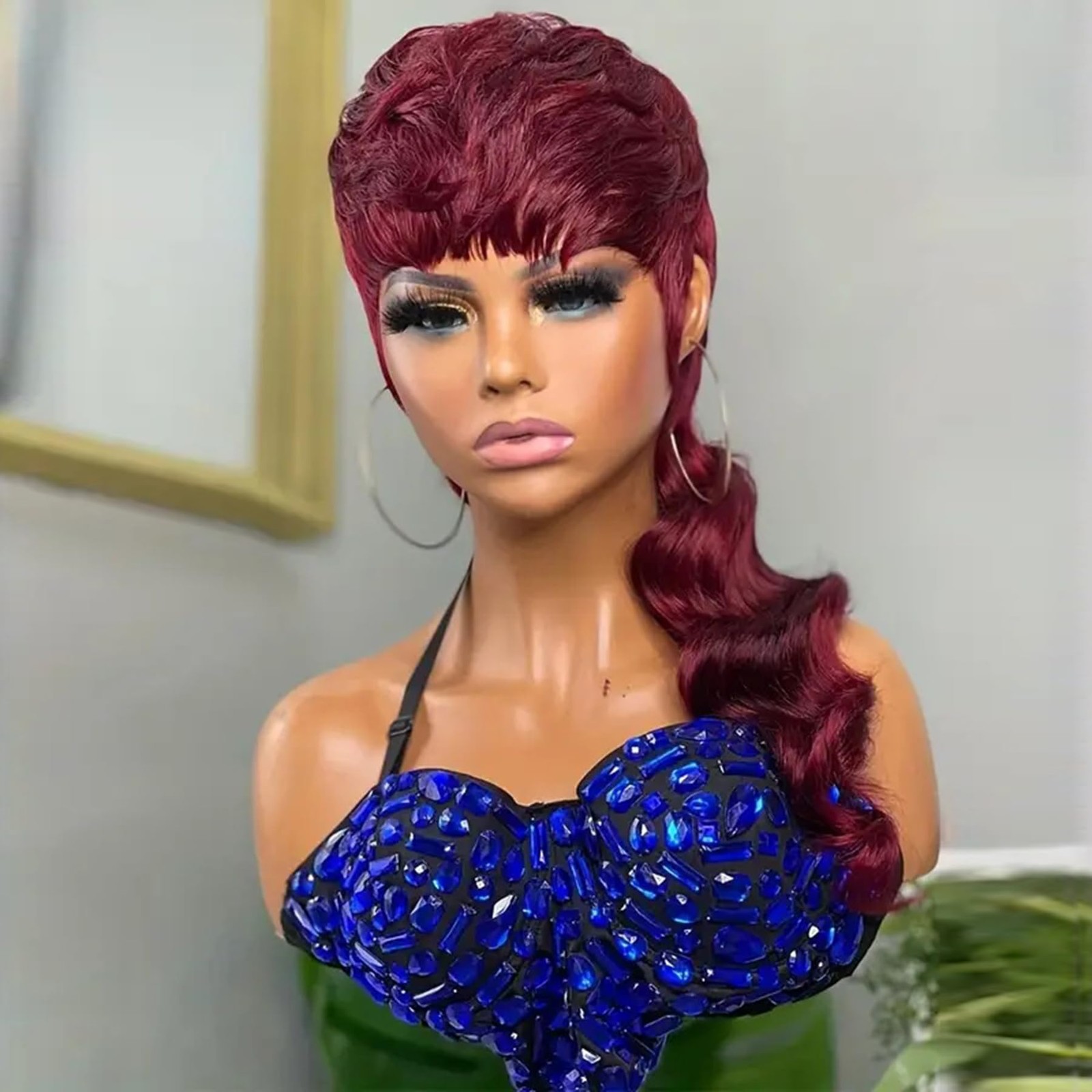 SAEIALL Mullet Wig for Black Women Human Hair Pixie Cut Wig Long Body Wave Mulle