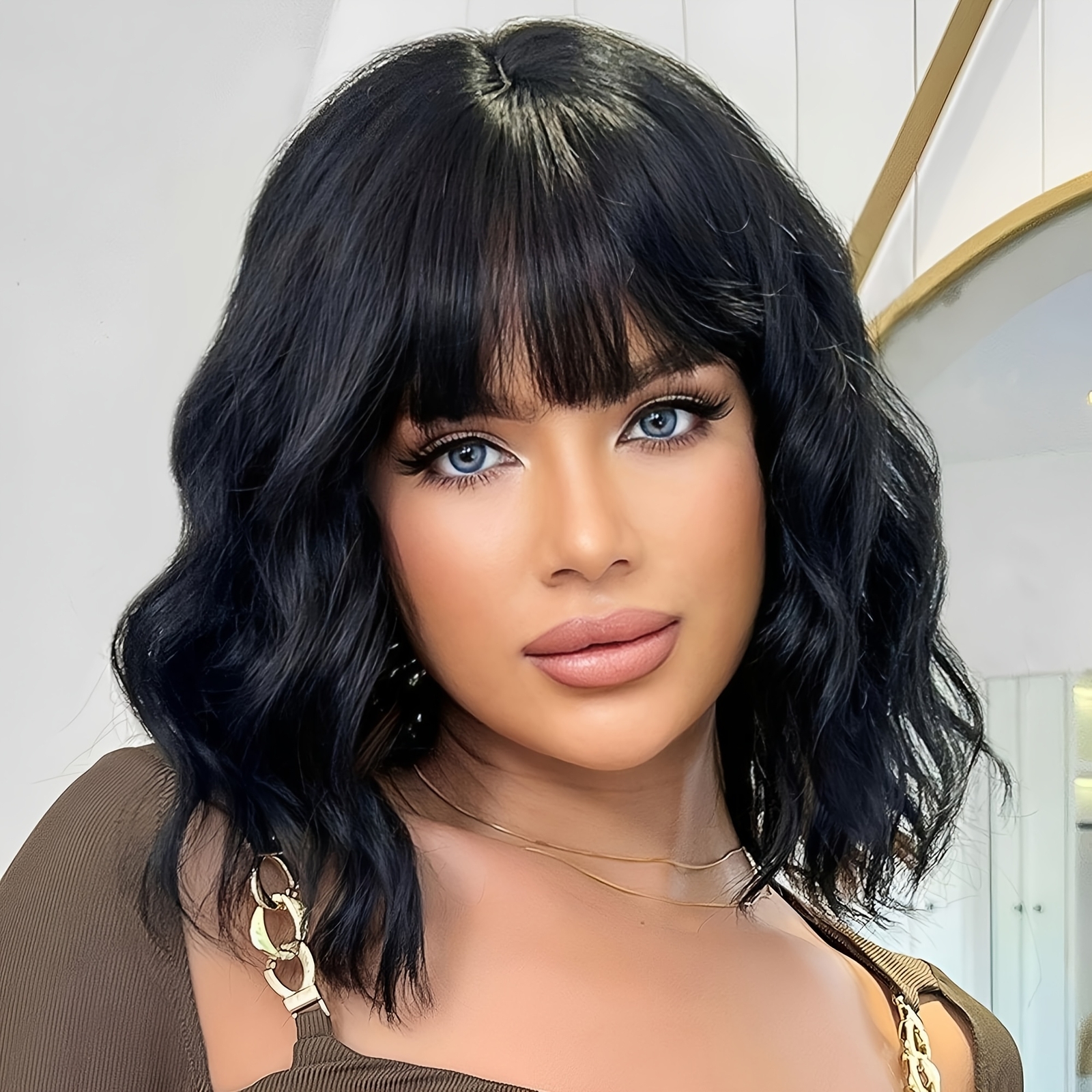 Elegant Unisex-Adult Black Wavy Bob Wig with Bangs Heat Resistant SyntheticFiber
