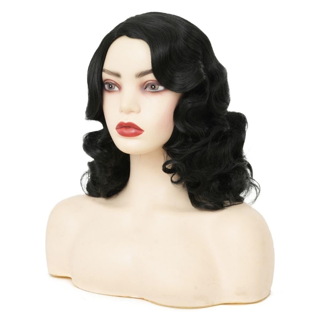 Black Curly Finger Wave 1920s Long Wig for Women – Vintage Synthetic Cosplay Wig