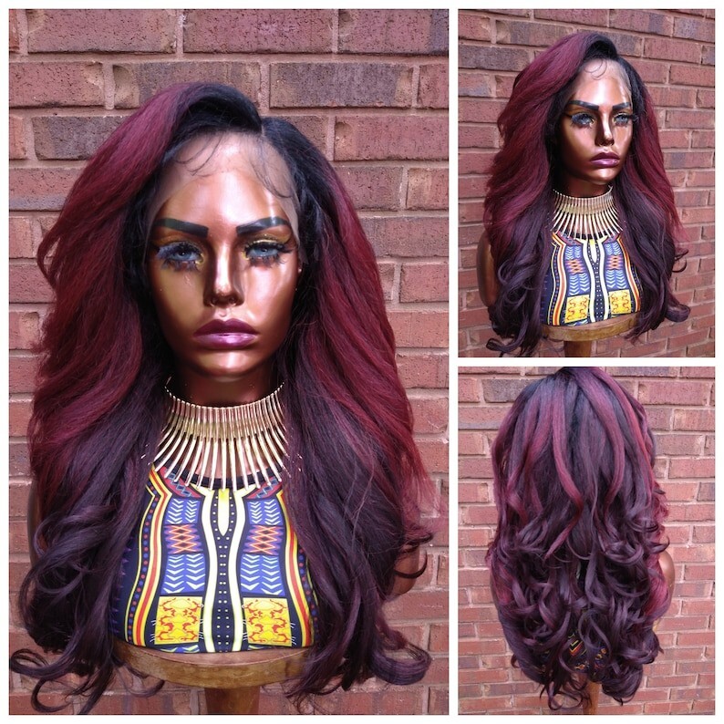 Yaki Curly Lace Front Wig Ombre Burgundy Wig Human Blended African American Wig