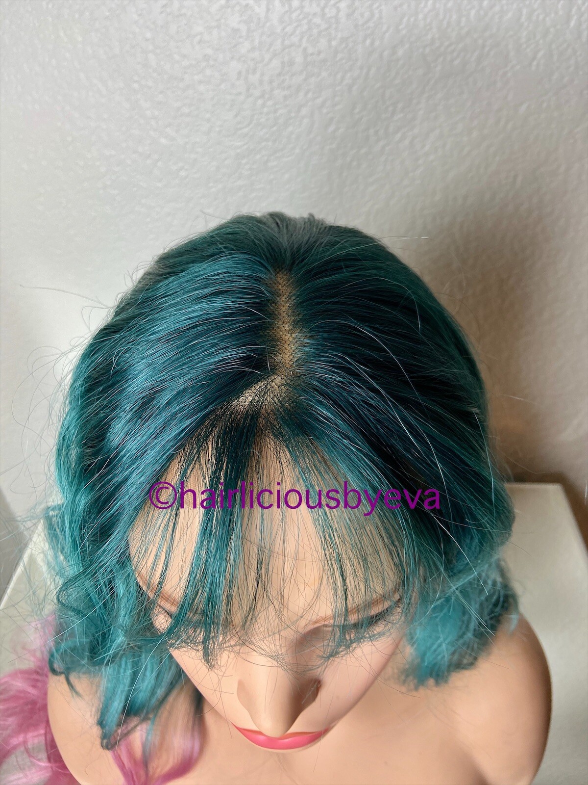 Pastel Rainbow Wig Ombré Green Pink Dark Roots Lace Front 24” Long Wavy Layere