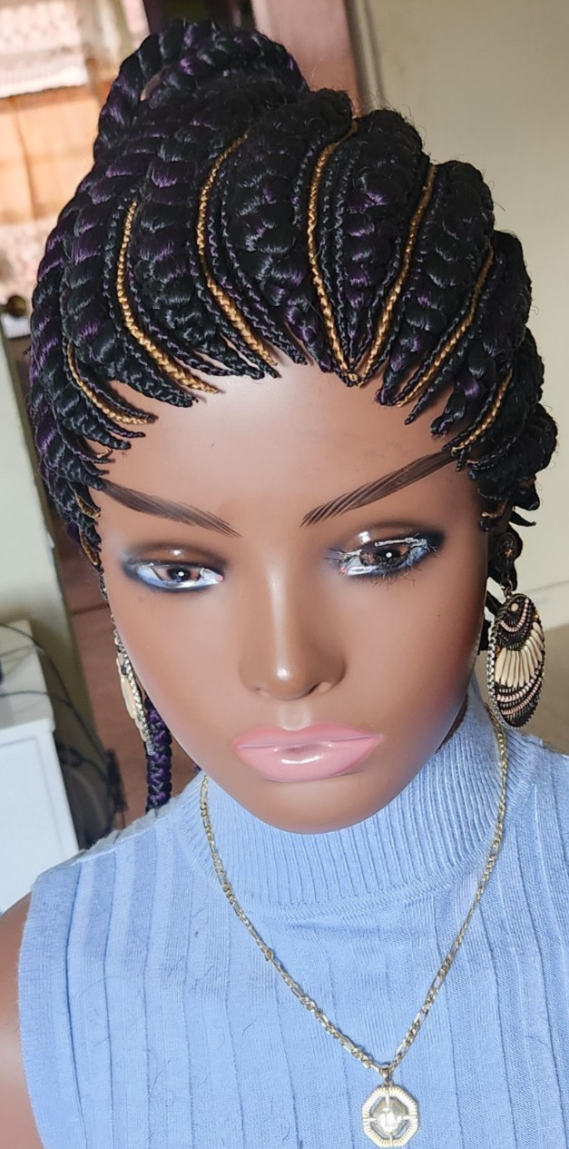 Fully Hand Braided box braid cornrow wig poney tail libre 1B mixt Dark purple/27