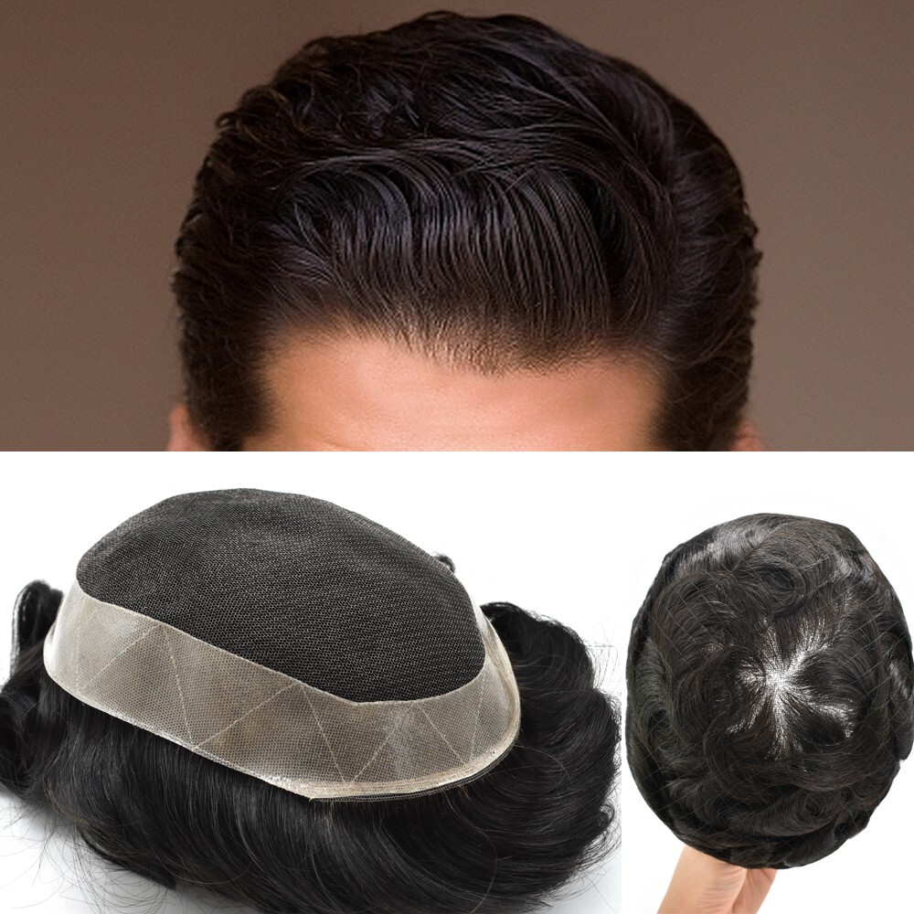 French Lace Mens Toupee Hair System Replacement for Men Poly Pu Around Men Wigs