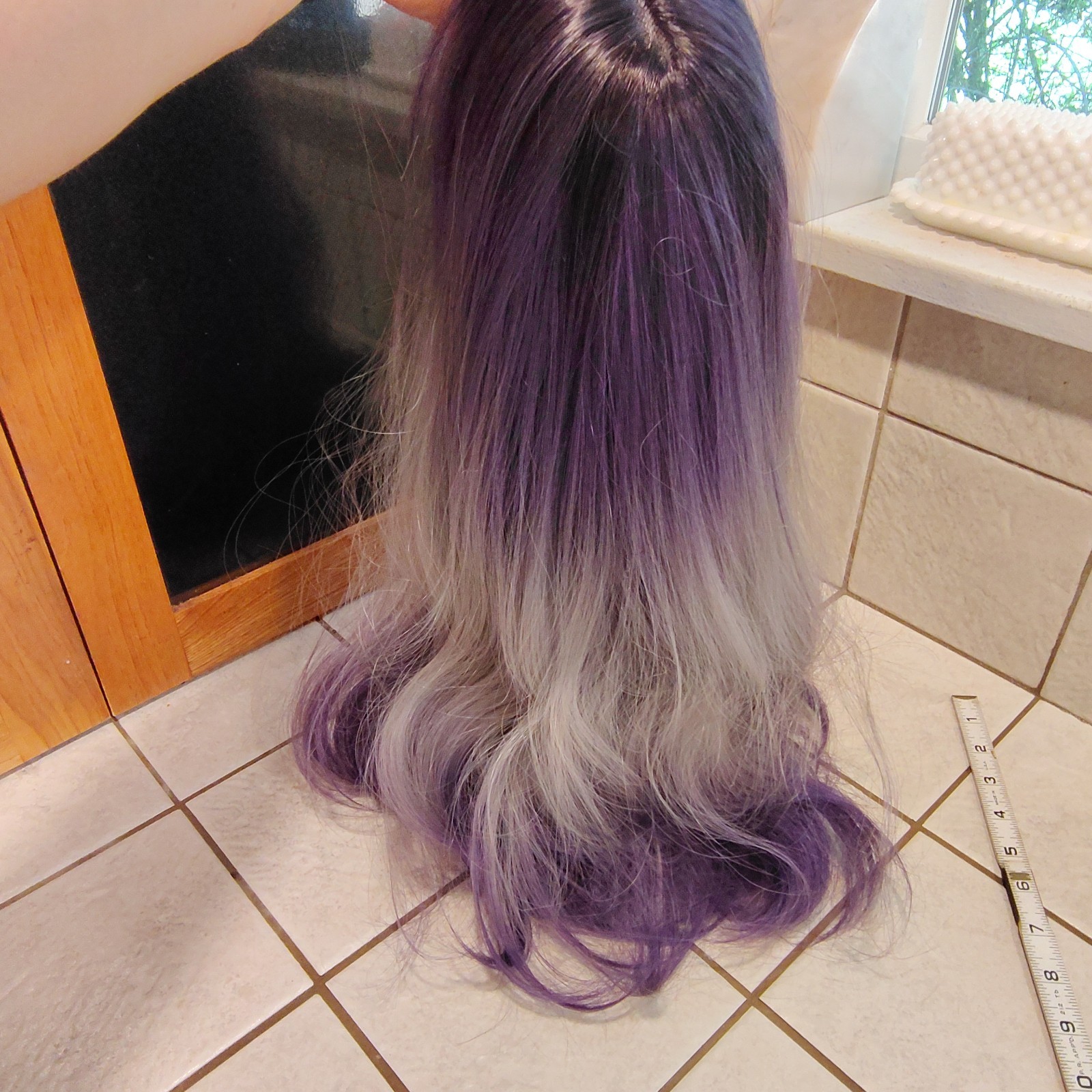 Synthetic Wig K-pop Idol Style ombre black White Purple Wave 18 Inch & Bangs B74