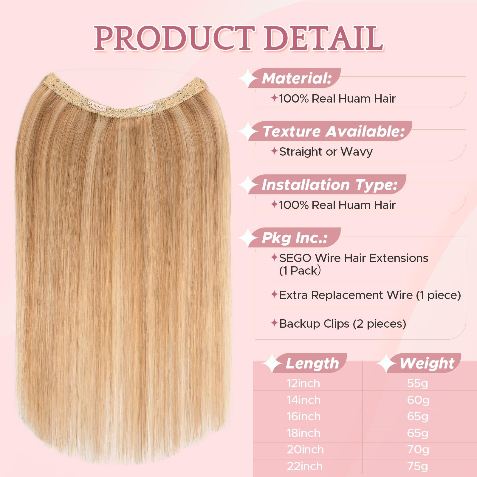 Sego Halo Hair Extensions Adjustable Invisible Wire Extensions Real Human Hair