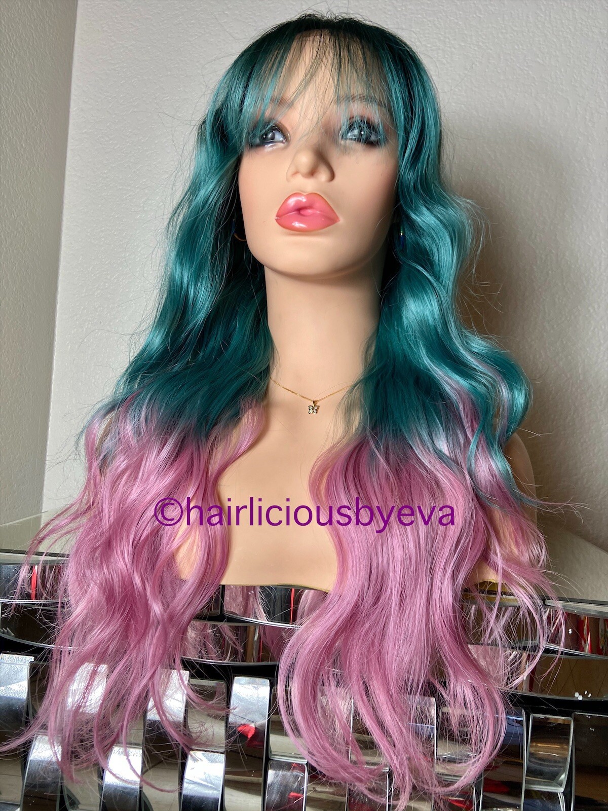 Pastel Rainbow Wig Ombré Green Pink Dark Roots Lace Front 24” Long Wavy Layere