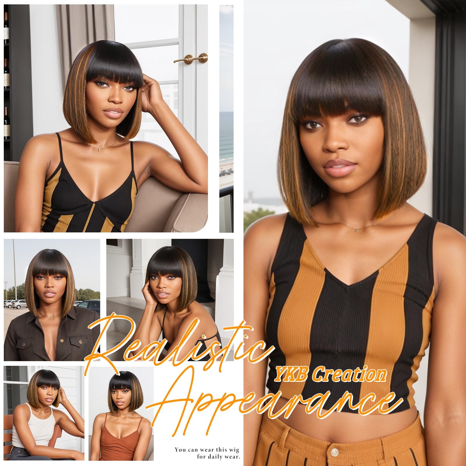 Ykb Yaki Straight Bob Wigs Bangs Human Hair Glueless Hd Lace Brown Highlight