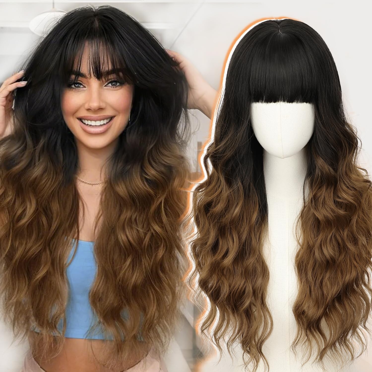 Black To Brown Wig with Bangs Long Wavy Synthetic Wig for Women with Daily Pa…