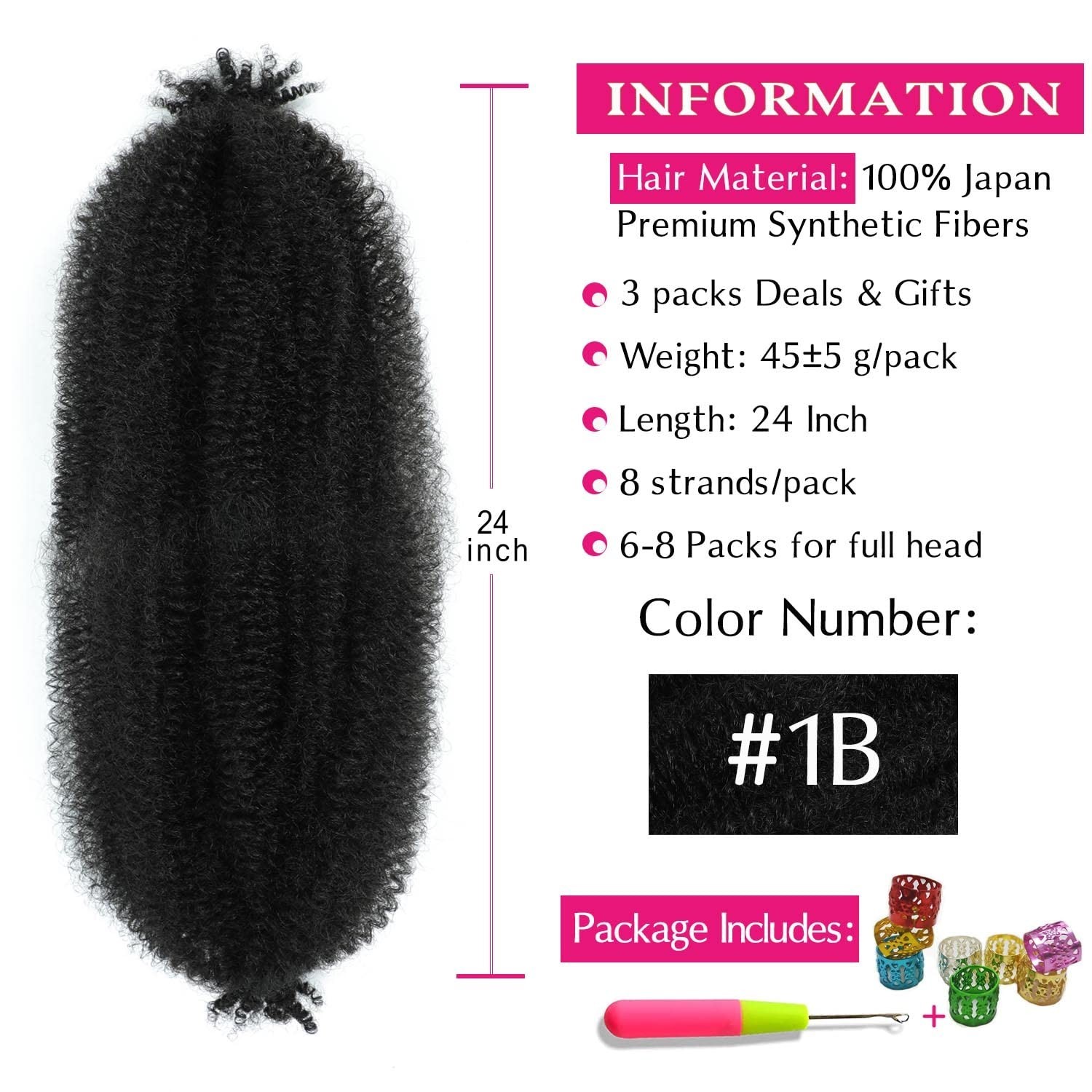 24 Inch Afro Twist Hair Pack of 3, Kinky, Pre-Fluffed Synthetic Fibers