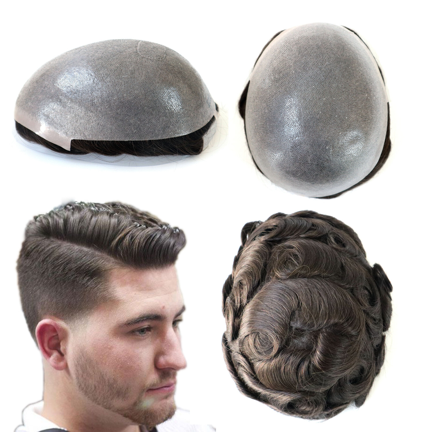 Mens Toupee Real Hair Replecement System Wigs Thin Skin Human Hairpieces 8×10