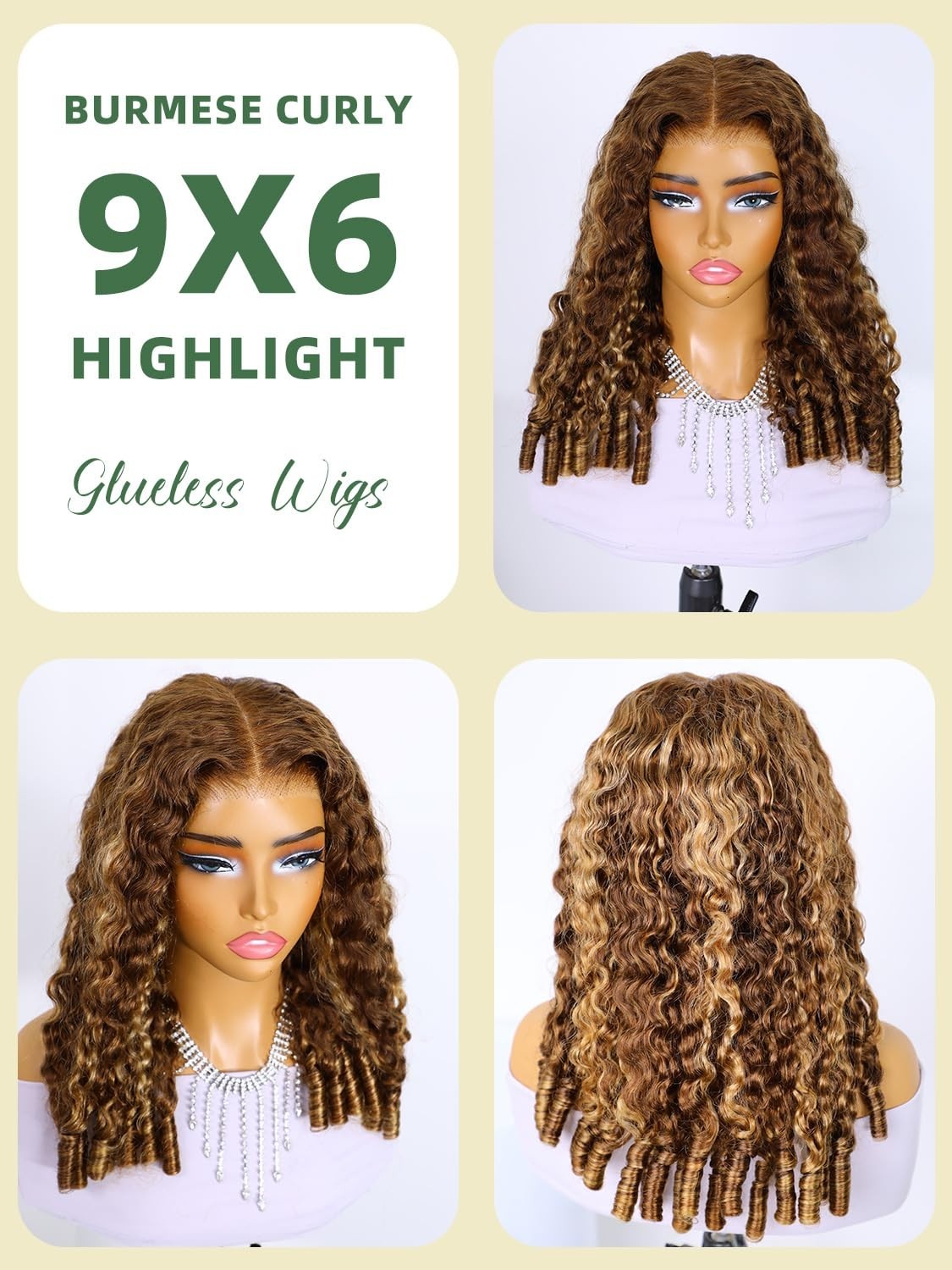 22″ Honey Blonde Ombre Curly Glueless Wig – 9×6 HD Lace, Pre-Plucked, 180% Densi