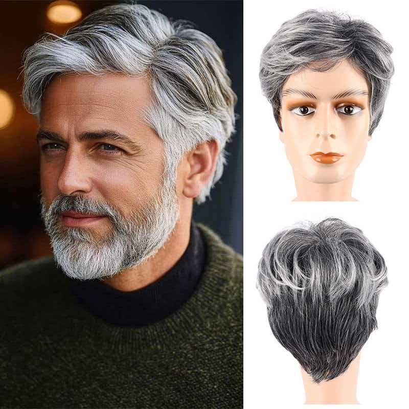 Men’s 6in Silver Gray Full Wig Heat Resistant Synthetic Cosplay Party Halloween