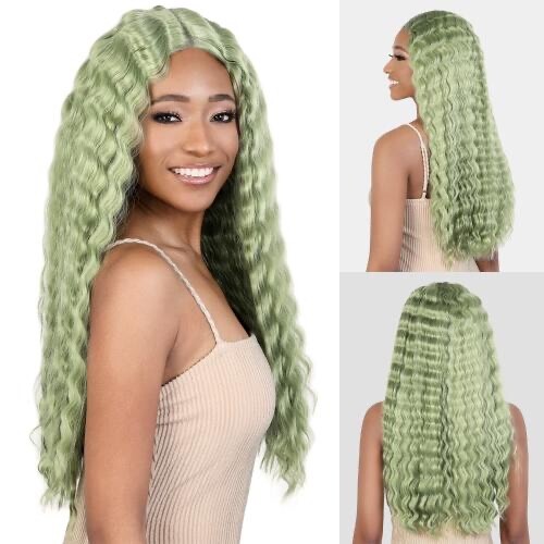 Motown Tress Soft Quick Crimp front Deep part Lace Wig.LDP Crimp-7 #Olive Green.