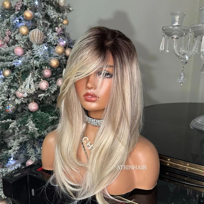 Ombre Platinum Blonde Highlights 13×4 Lace Front Wig Virgin Human Hair Wig
