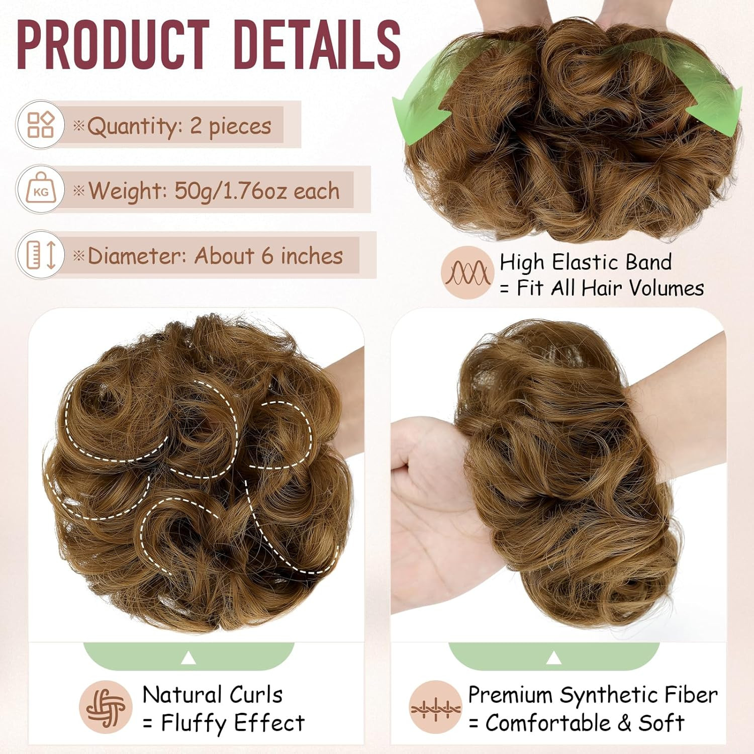 2 PCS Messy Bun Hair Piece Wavy Curly Scrunchies Synthetic Chignon Ponytail Hair