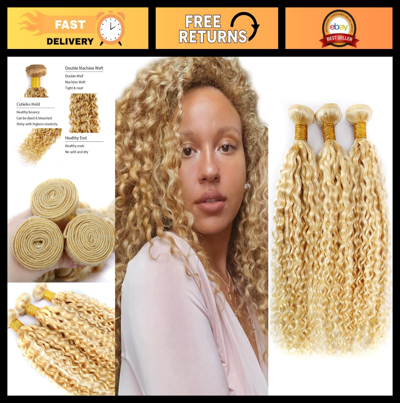 Blonde Kinky Curly Human Hair Bundles 20-24 Inch Wet & Wavy Extensions
