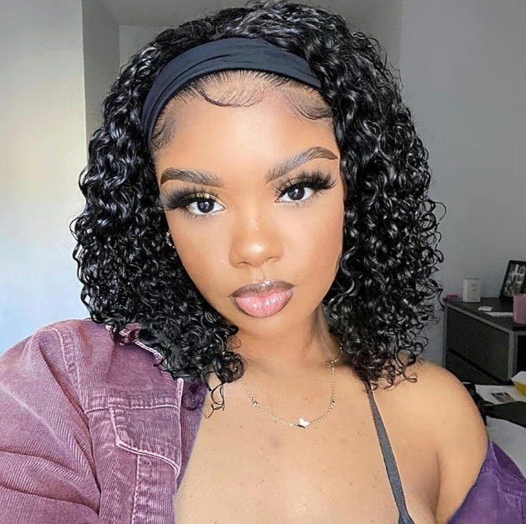 Deep Wave Headband Wig Human Hair 12 Inch Curly Headband Wigs for Black Women Hu