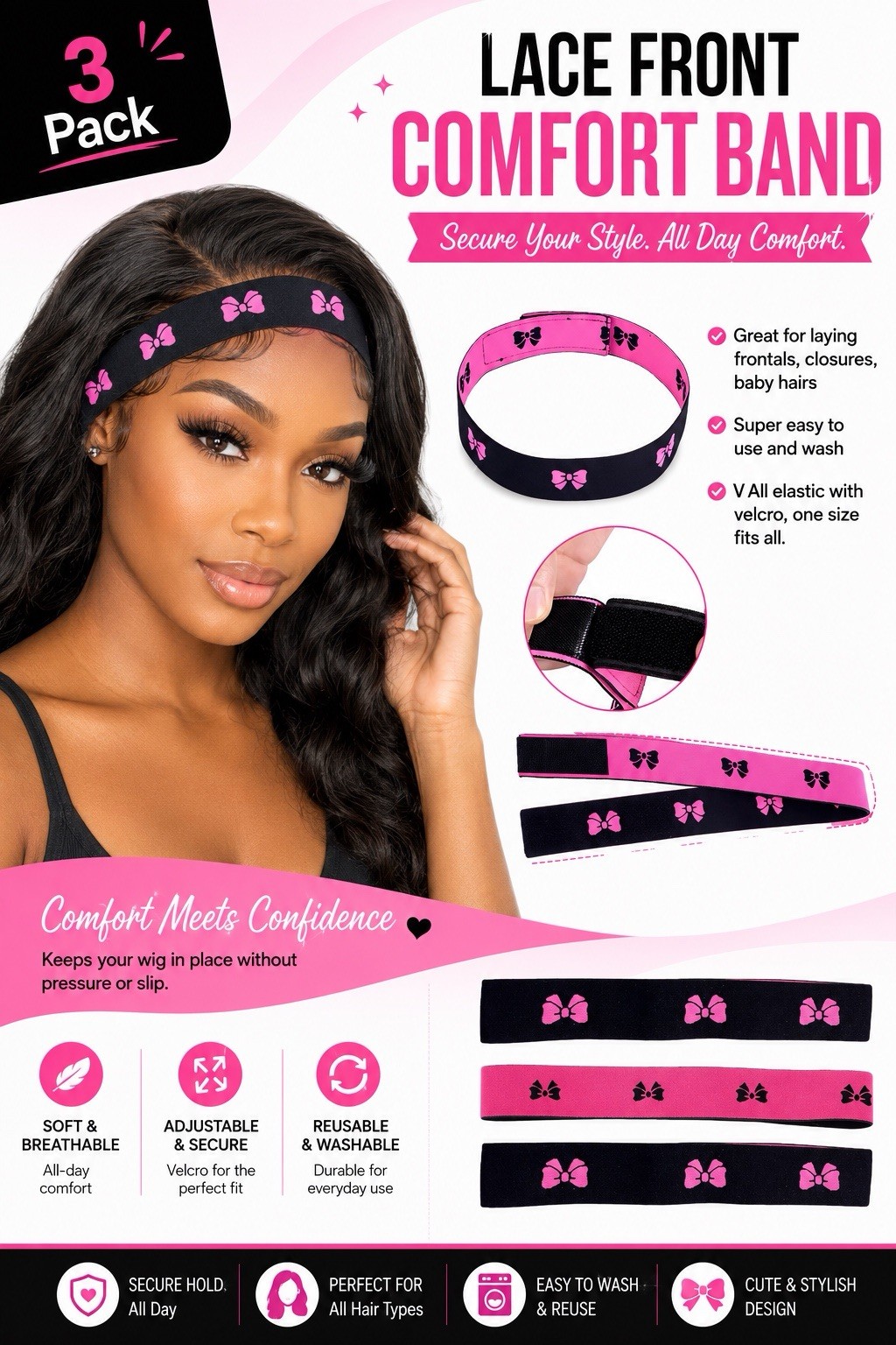 3 Pack Adjustable Elastic Cap for Frontals, Closures, Soft & Breathable
