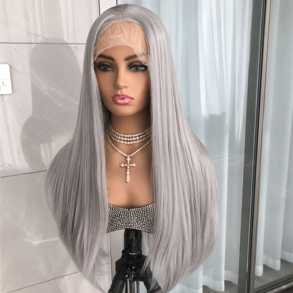 Silver gray Soft Heat Resistant Synthetic Hair Frontal Lace Wigs Long Straight