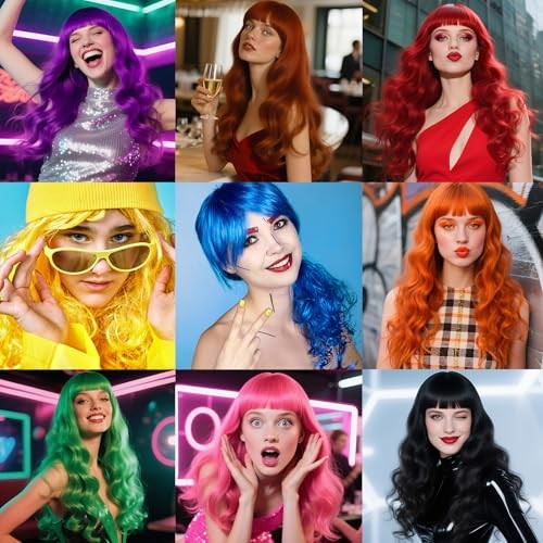 Neon Wigs for Women with Heart Sunglasses, Colorful Long Curly Wigs Hot Pink