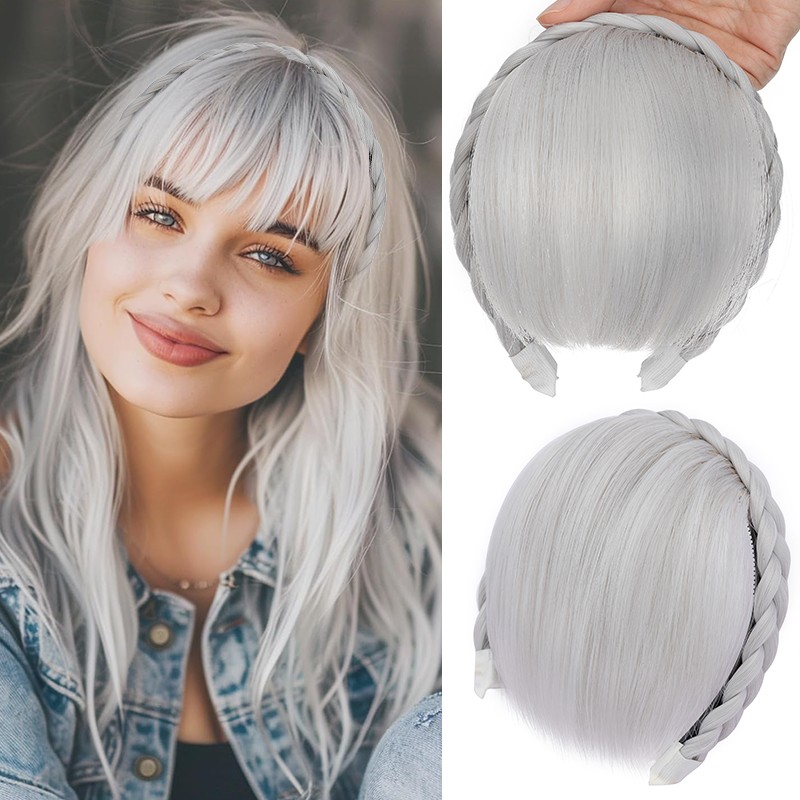Headband Wig with Front Bangs + Topper Hair Headband Braid Wig for Women Girls