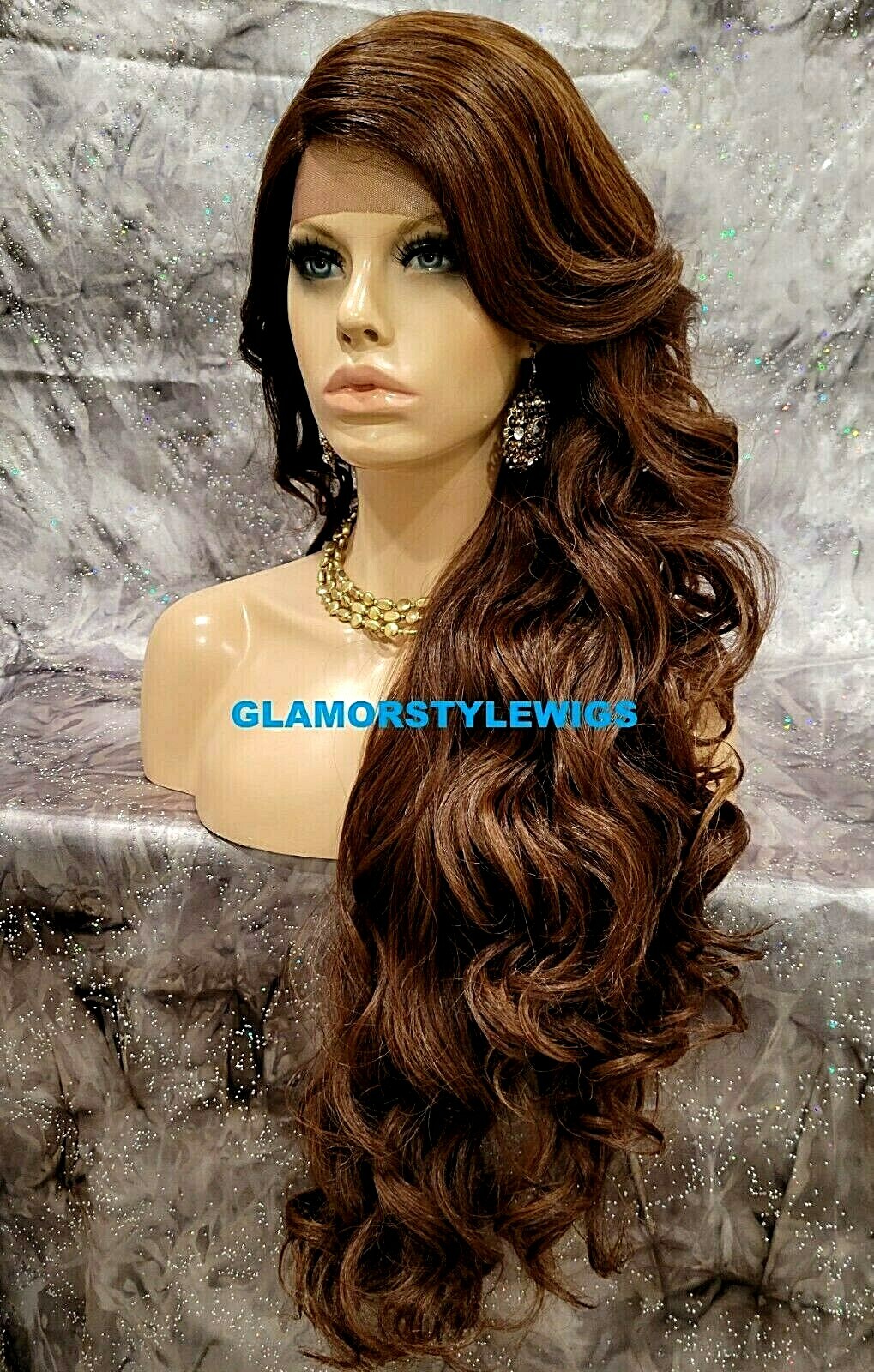 LACE FRONT FULL WIG EXTRA LONG WAVY LAYERED SIDE PART BROWN AUBURN MIX HEAT OK