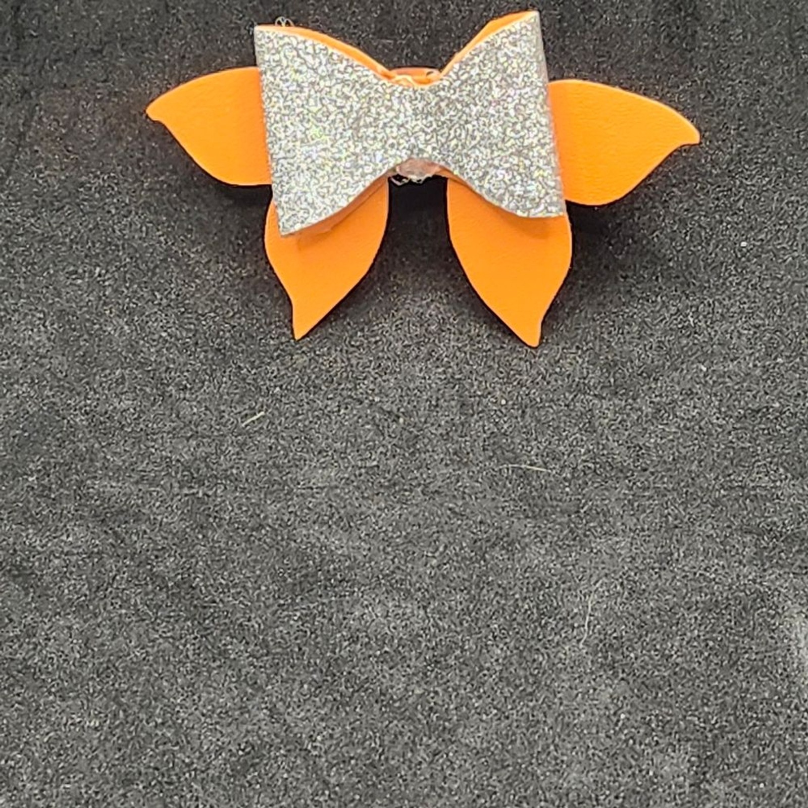 Hand Crafted Sparkling Silver and Orange Kids Hair Bow Faux Leather
