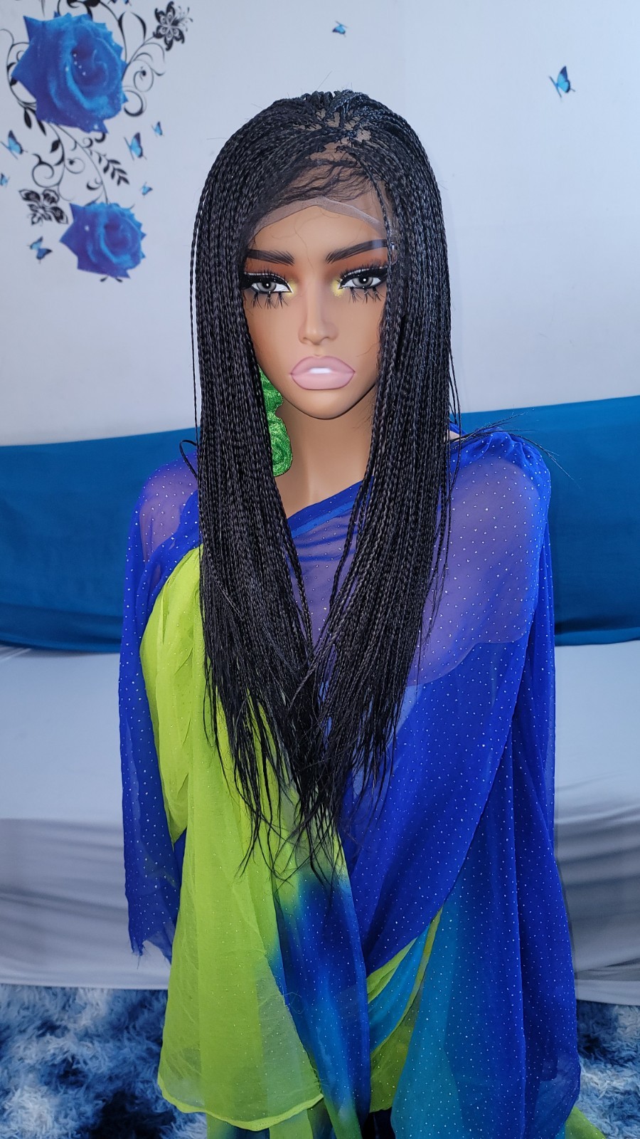 Braided Wig Full Lace Glueless 16″ Micro Boho Braids Jet Black #1 Short Handmade