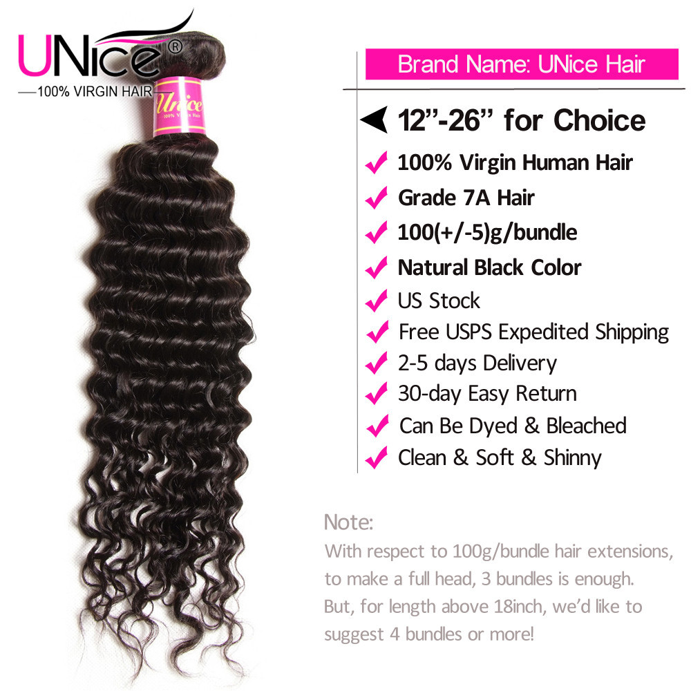 UNice Brazilian Deep Curly Wave 3 Bundles Human Hair Weave Virgin Hair Extension