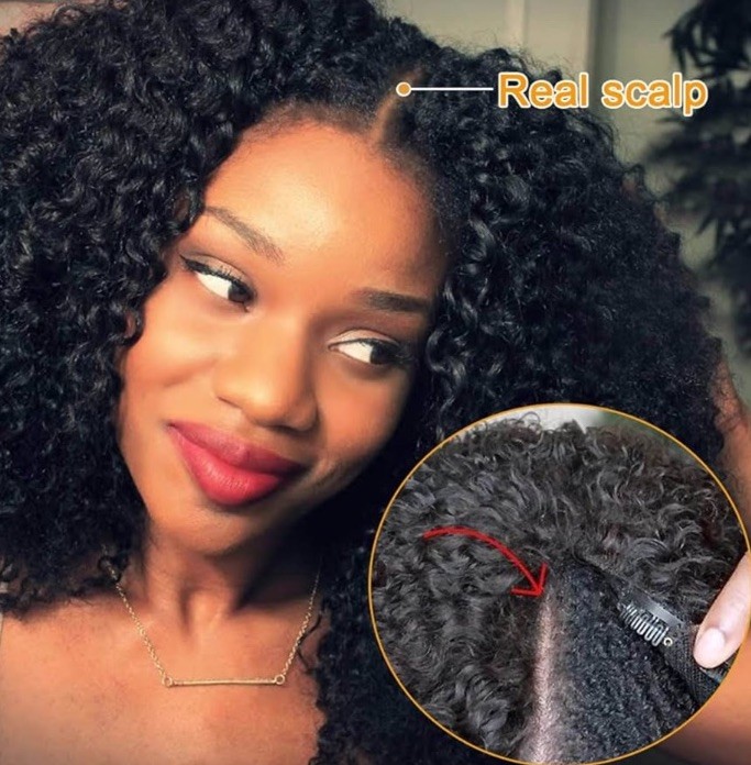 UNICE V Part Curly Human Hair Wig 18” Natural Black 180% Density Glueless U Part