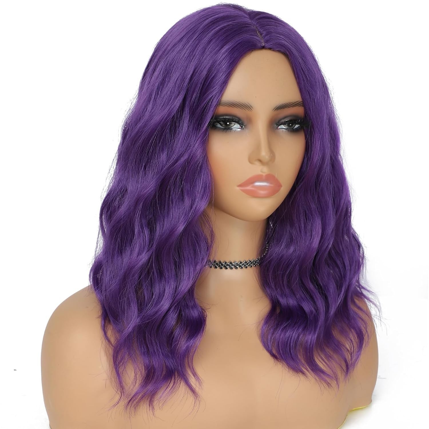 Dark Purple Wig for Women, Wavy Curly Purple Bob Wigs Middle Part 14 Inch Should