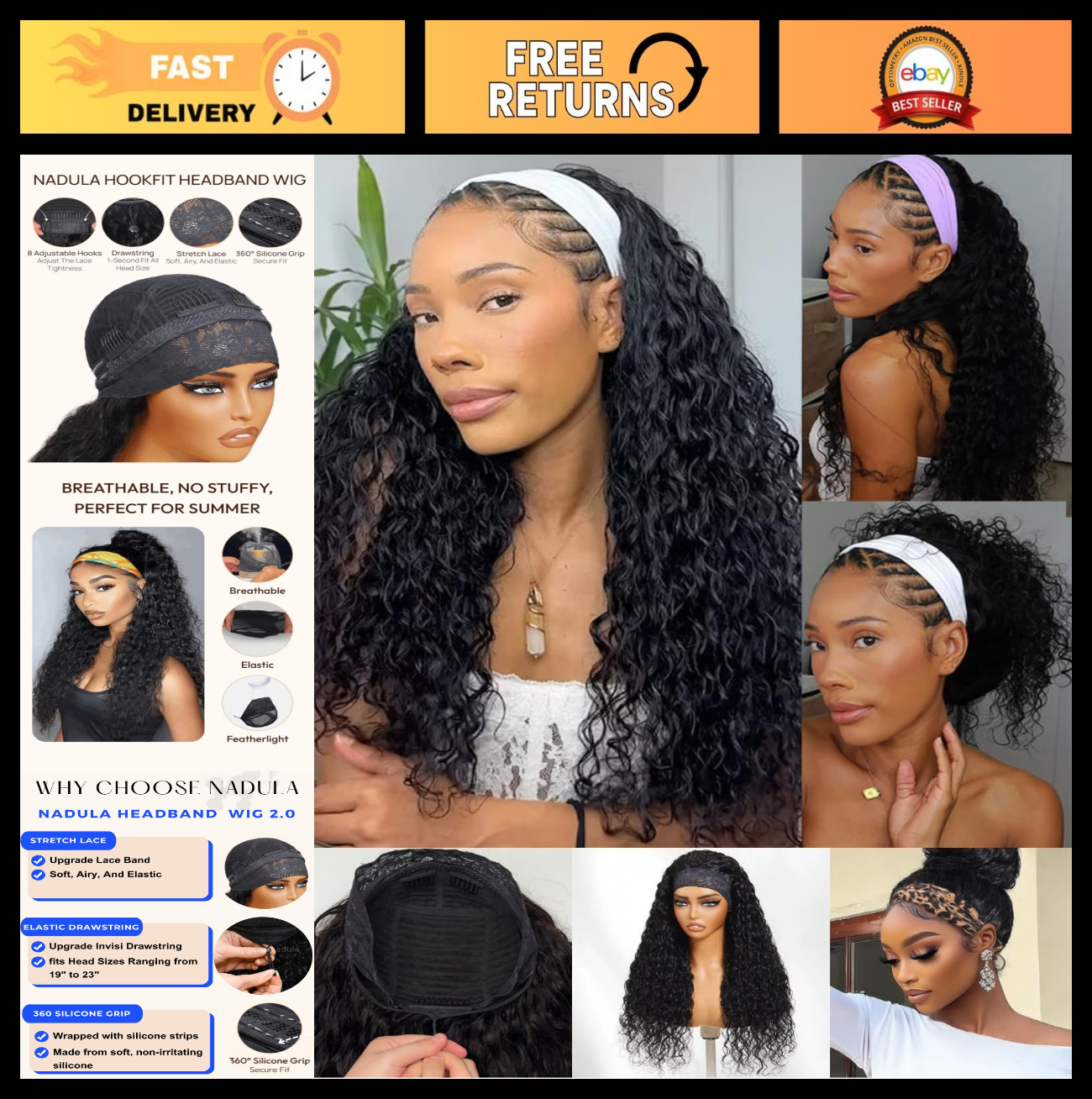 Water Wave Headband Wig – 24″ Human Hair, Glueless, Wet & Wavy, Clip-In Half Wig