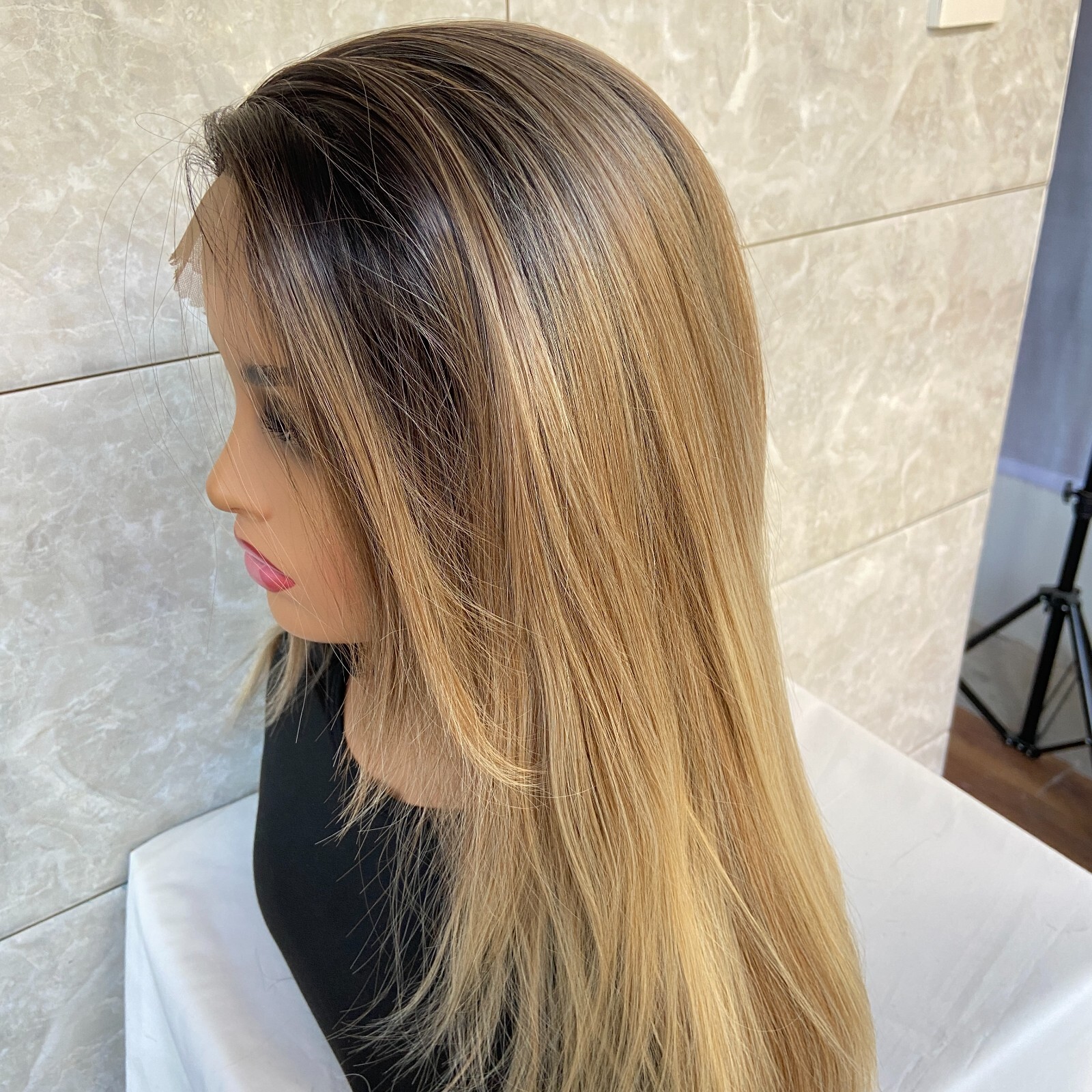 Long Straight Rooted Blonde Mix Lace Front Human Hair Blend Heat Ok Wigs Women