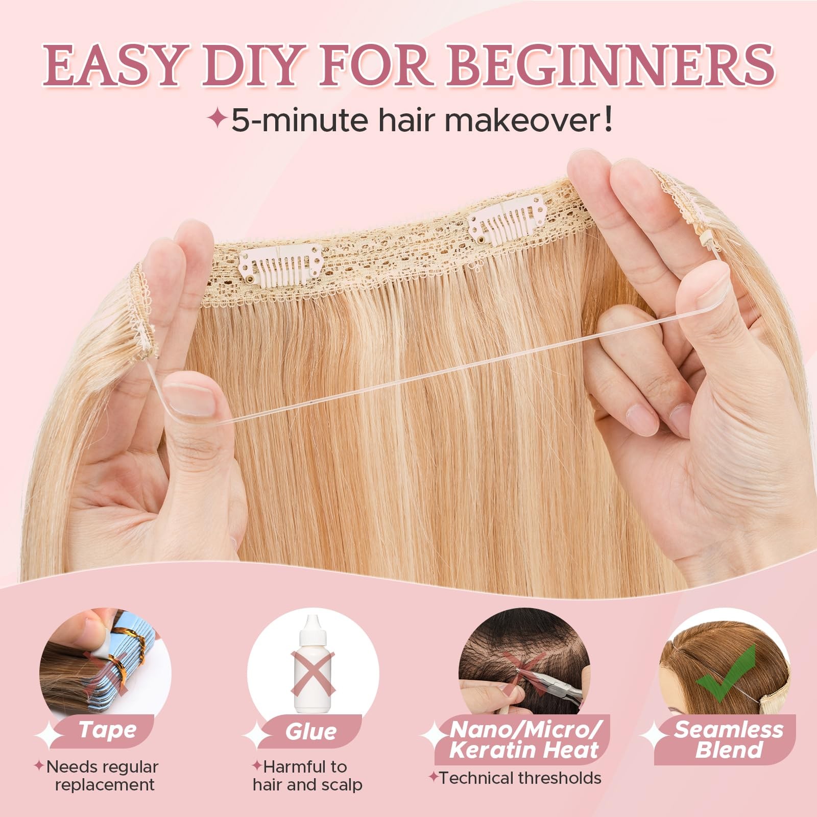 Sego Halo Hair Extensions Adjustable Invisible Wire Extensions Real Human Hair