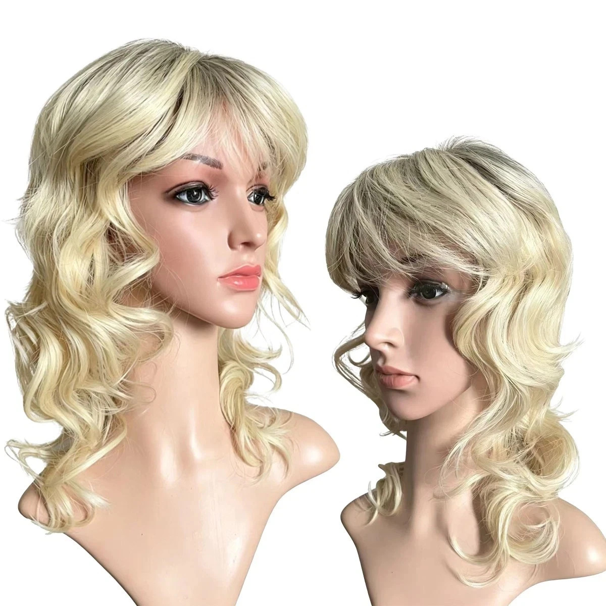 Shoulder Length Loose Wavy Bob Wig, Dark Root Pale Blonde Ombre Synthetic Wig